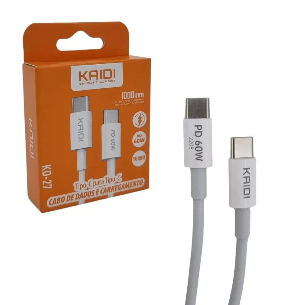 Cabo Usb Turbo Tipo C X Tipo C Carregamento Rápido 3a 60w KD-27 Branco - KAIDI